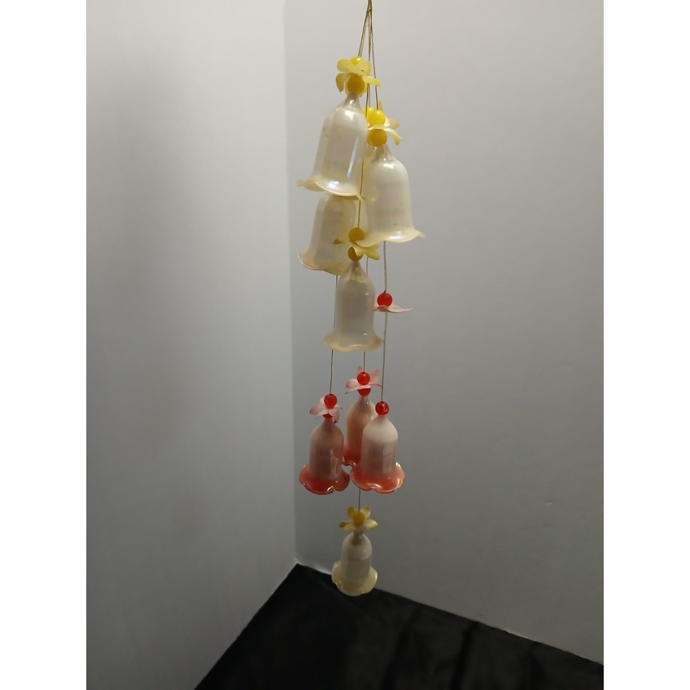 Vtg Hand Blown Iridescent Art Glass 1-3/4" Flower Mobile Suncatcher Chime 13"
